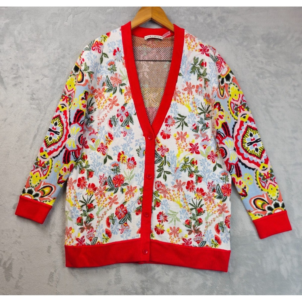 Alice + Olivia Cardigan Sweater Women's Large Floral Multi Colored Floral Artsy